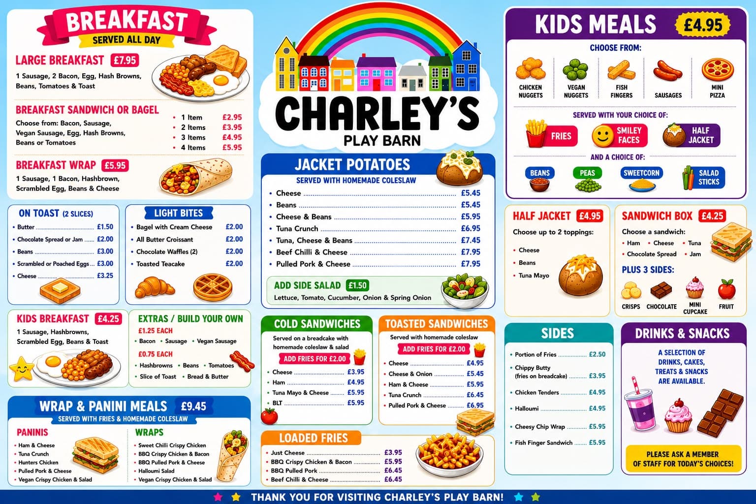 Charley's Play Barn café menu